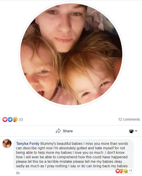 A screengrab of Tanyka Ford's Facebook post, where the heartbroken NSW mother wrote about the agony of losing her two daughters in a fire.