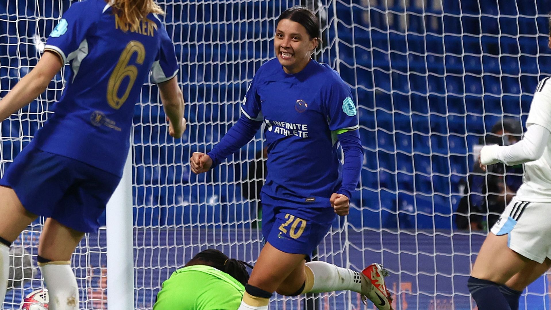 Sam Kerr celebrates scoring Chelsea&#x27;s second goal during its UEFA Women&#x27;s Champions League group stage match against Paris FC at Stamford Bridge.