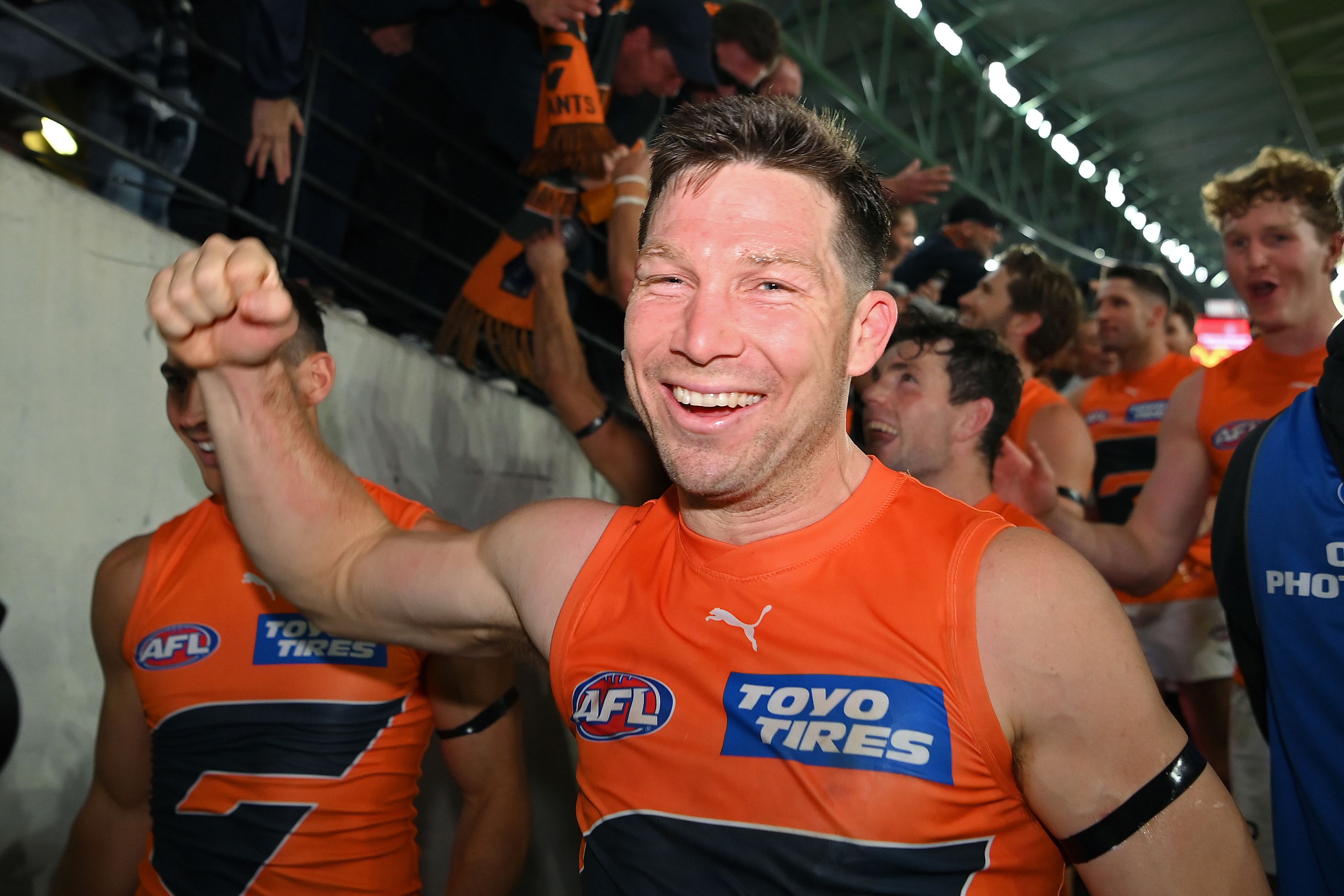 Toby Greene celebrating the Giants&#x27; win over Carlton.