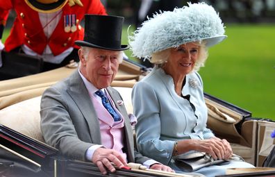 ASCOT, ENGLAND - JUNE 21: King Charles III and Queen Camilla arrive for Royal Ascot 2024 at Ascot Racecourse on June 21, 2024 in Ascot, England. (Photo by Andrew Redington/Getty Images)