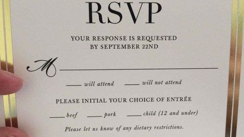 Wedding invitation offers child as an entree choice