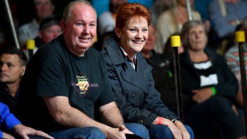 Pauline Hanson watches the boxing inside the Fred Brophy's Boxing Tent. (AAP)