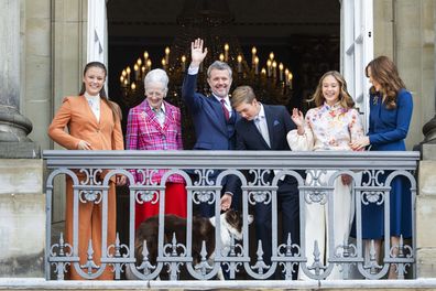COPENHAGEN, DENMARK - MAY 26: (L-R)  Princess Isabella of Denmark, Queen Margrethe of Denmark, King Frederik X of Denmark, Prince Vincent of Denmark, Princess Josephine of Denmark, Queen Mary of Denmark and one of the Royal dogs appear on the balcony of Frederik VIII's Palace to celebrate the Kings's 57th birthday at Amalienborg Palace on May 26, 2025 in Copenhagen, Denmark.  (Photo by Martin Sylvest Andersen/Getty Images)