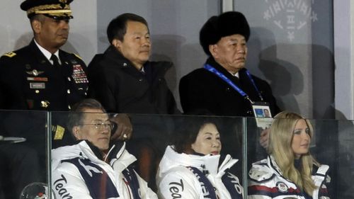 South Korean President Moon Jae In at Closing Ceremony with Ivanka Trump and Kim Yong Chol, vice chairman of North Korea's ruling Workers' Party Central Committee (AAP)