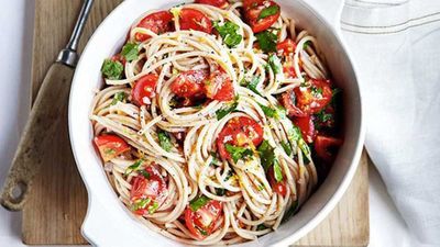 Buckwheat spaghetti with tomato, lemon and flat-leaf parsley