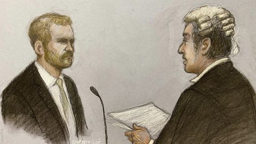 This court artist sketch by Elizabeth Cook shows Britain's Prince Harry, left, with his counsel David Sherborne giving evidence at the Rolls Buildings in central London, Wednesday, June 7, 2023 