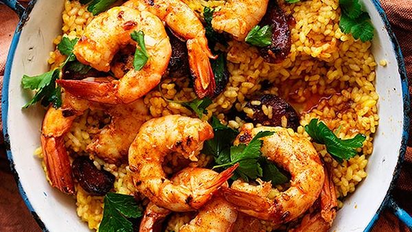 Australian prawn and chorizo paella