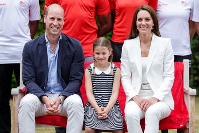 Prince William, Duke of Cambridge, Princess Charlotte of Cambridge and Catherine, Duchess of Cambridge smiling during a visit to SportsAid House at the 2022 Commonwealth Games on August 02, 2022 in Birmingham, England.  