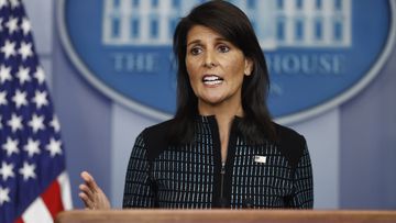 US Ambassador to the United Nations Nikki Haley speaks during a news briefing at the White House, in Washington, Sept. 15, 2017. 