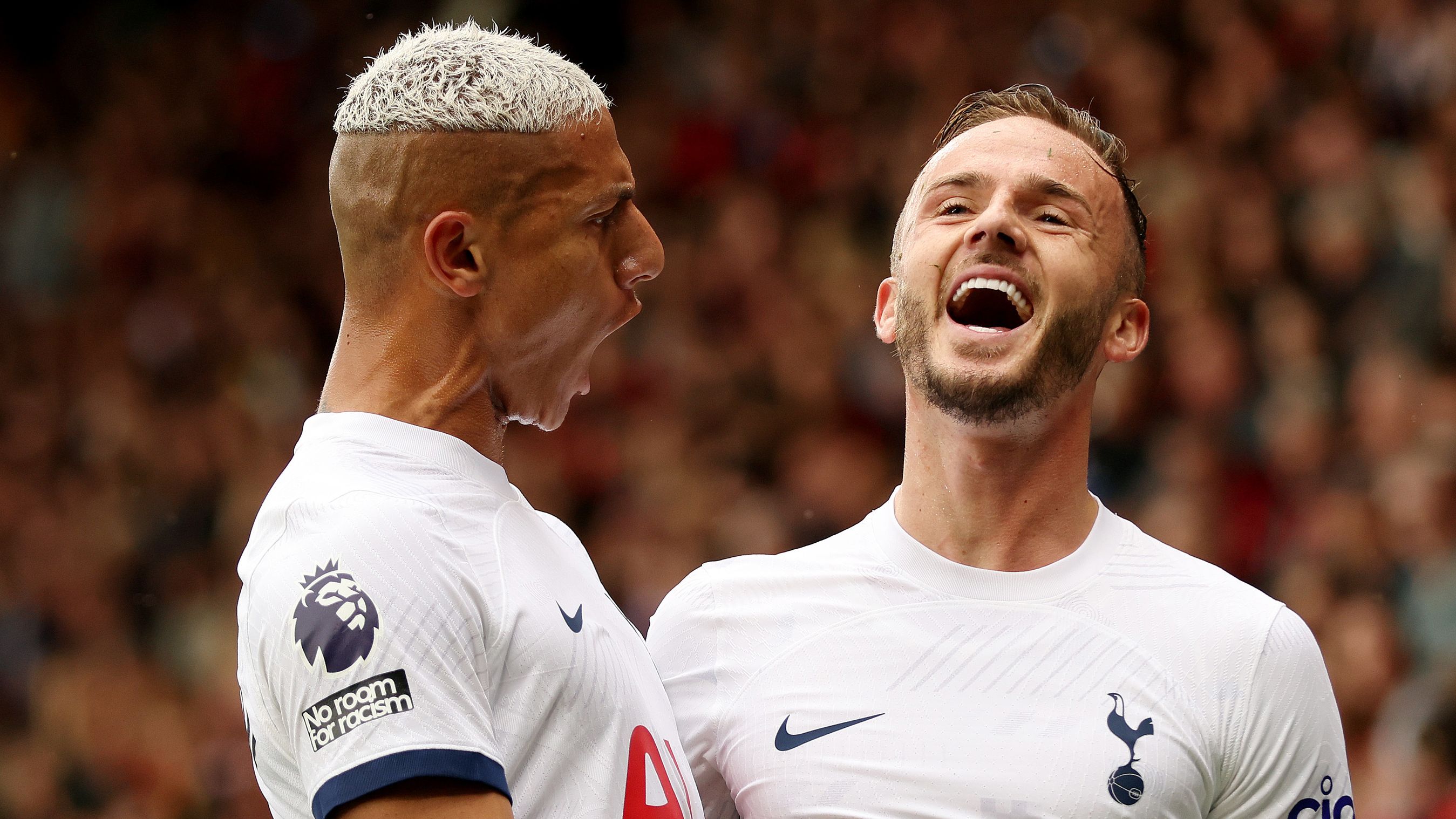 James Maddison of Tottenham Hotspur celebrates with Richarlison of Tottenham Hotspur after scoring the team&#x27;s first goal during the Premier League match between AFC Bournemouth and Tottenham Hotspur at Vitality Stadium on August 26, 2023 in Bournemouth, England. (Photo by Luke Walker/Getty Images)