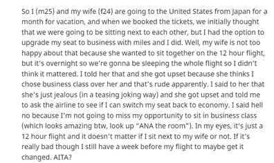 Man leaves wife in economy and takes first-class ticket