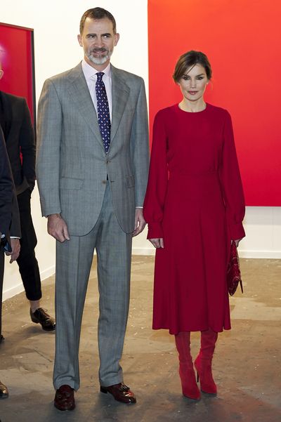 Queen Letizia in red suede&nbsp;Magrit over-the-knee boots  at the opening of ARCO (Contemporary Art Fair) at Ifema in Madrid, March 2018