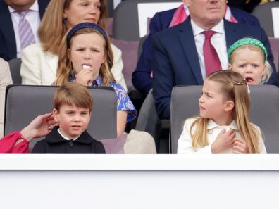 (L-R 3rd row) Victoria Starmer, Keir Starmer, (2nd row) Mike Tindall, Mia Tindall, Lena Tindall, Zara Tindall, (front row) Catherine, duchess of Cambridge, Prince Louis of Cambridge, Princess Charlotte of Cambridge and Prince George of Cambridge attend the Platinum Pageant on June 05, 2022 in London, England.