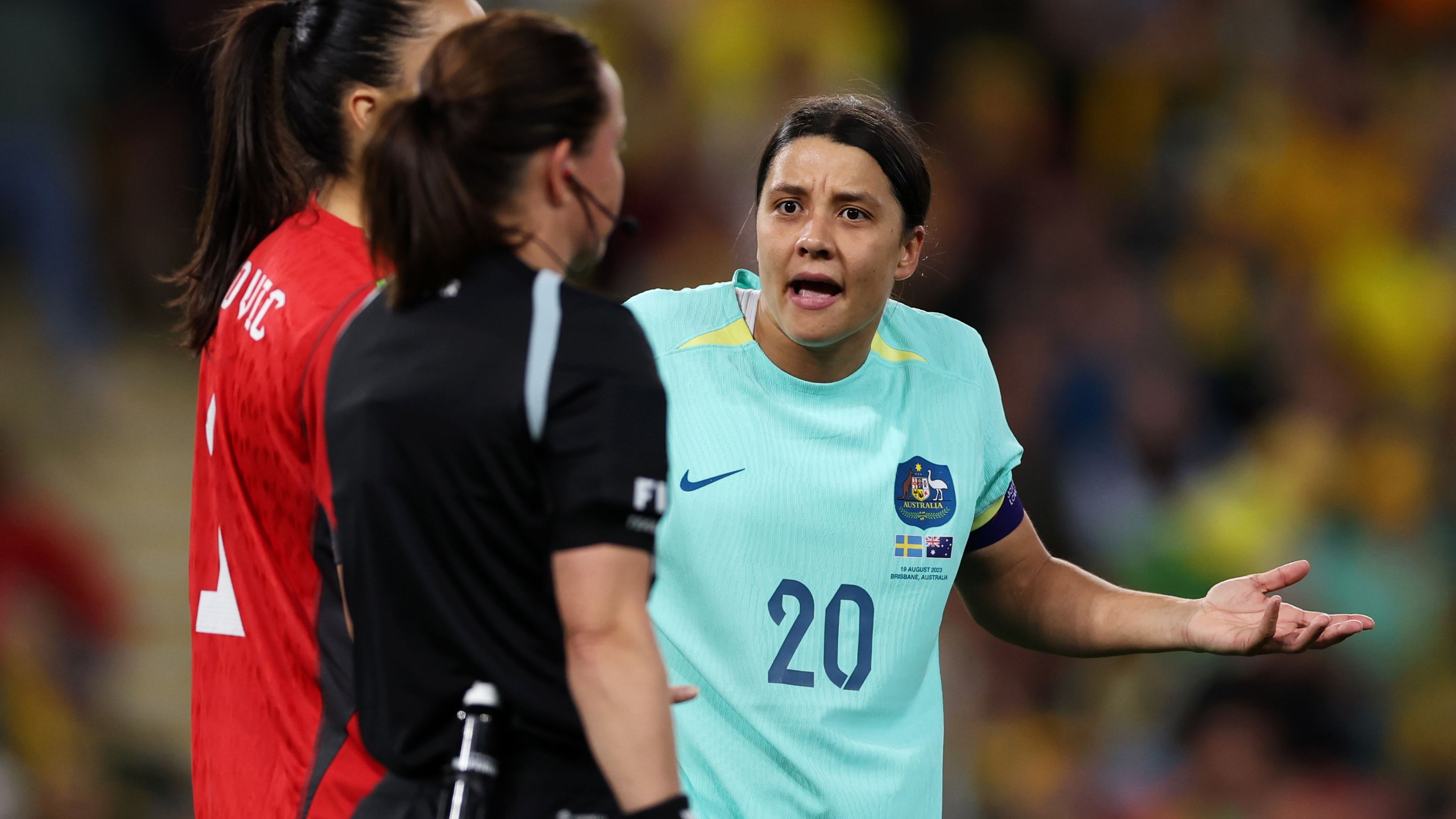 Sam Kerr of Australia reacts during the FIFA Women&#x27;s World Cup Australia &amp; New Zealand 2023 Third Place Match match between Sweden and Australia at Brisbane Stadium on August 19, 2023 in Brisbane / Meaanjin, Australia. (Photo by Alex Pantling - FIFA/FIFA via Getty Images)