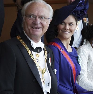 King Carl XVI Gustaf, left, and Crown Princess Victoria attend the enthronement ceremony of Japan's Emperor Naruhito in Tokyo, 2019.