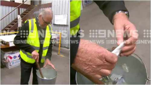 Mr Collins showed demonstrated his unique solution to the coffee cup recycling issue. (9NEWS)