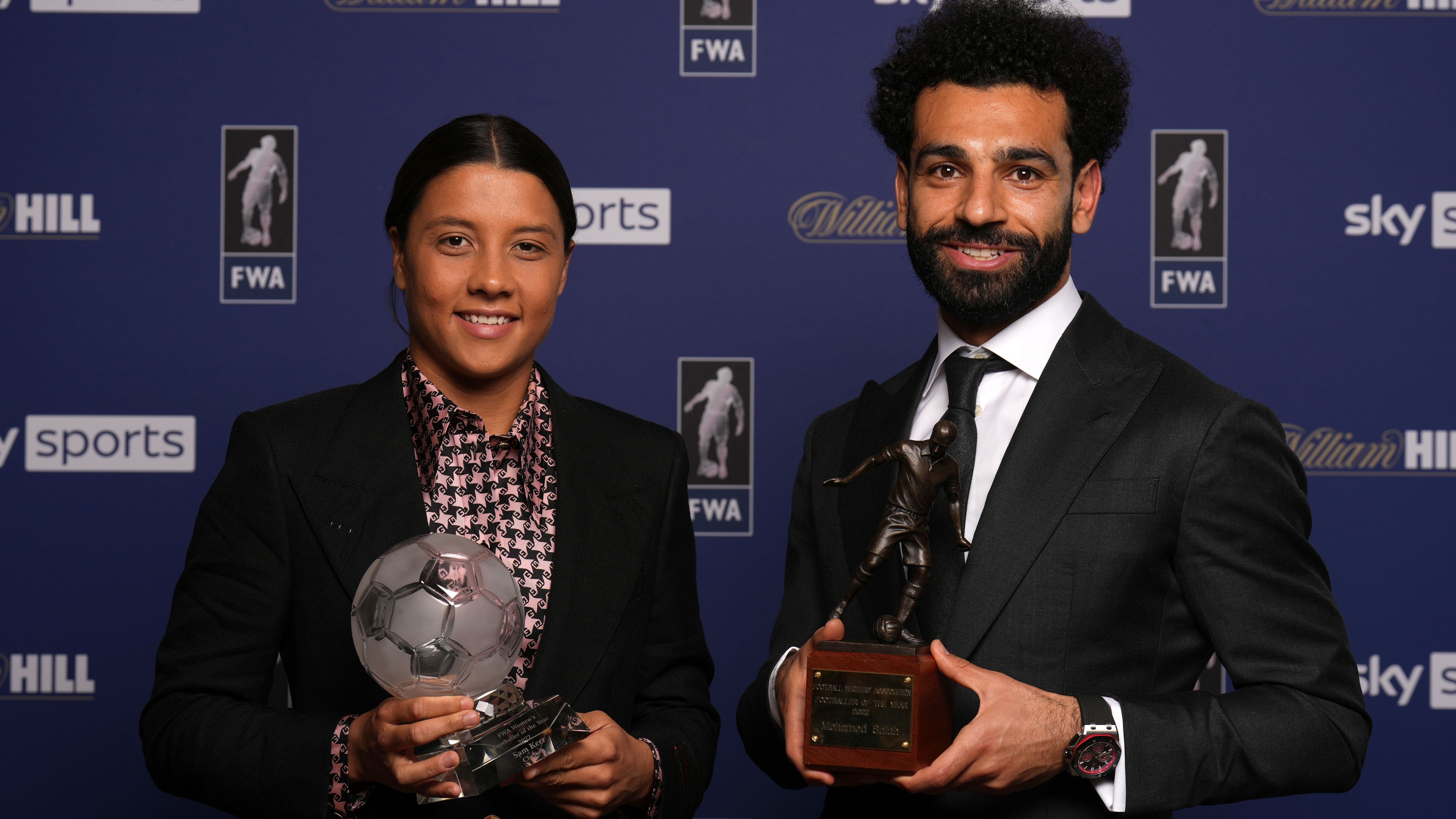 Chelsea&#x27;s Sam Kerr and Liverpool&#x27;s Mohamed Salah pose with their FWA Player of the Year Awards.