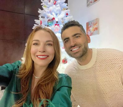 Lindsay Lohan and husband Bader Shammas at Christmas, 2022.
