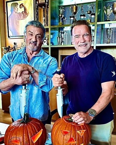 Sylvester Stallone and Arnold Schwarzenegger reunited to carve pumpkins after starring in 2013 film Escape Plan together.