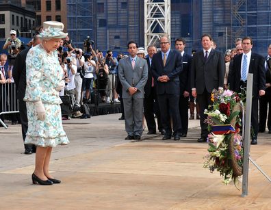Queen Elizabeth II lays a wreath at the site of the World Trade Centre, in New York City, for the victims of 9/11 in 2010. (Photo by John Stillwell/PA Images via Getty Images)