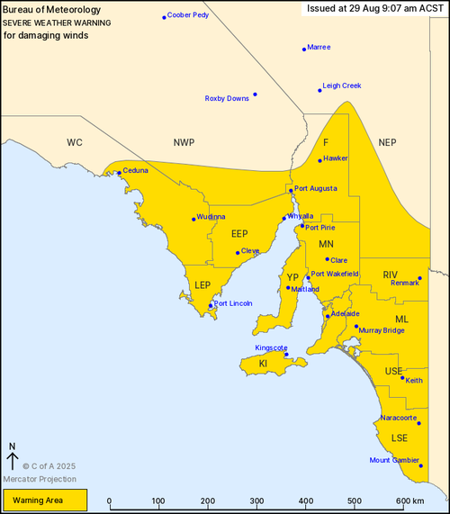 A map showing areas affected by a severe weather warning for South Australia.