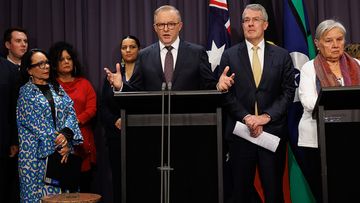 Minister for Indigenous Australians Linda Burney, Prime Minister Anthony Albanese and Attorney-General Mark Dreyfus speak during a press conference at Parliament House in Canberra after legislation to hold a referendum on the Voice passed the Senate.