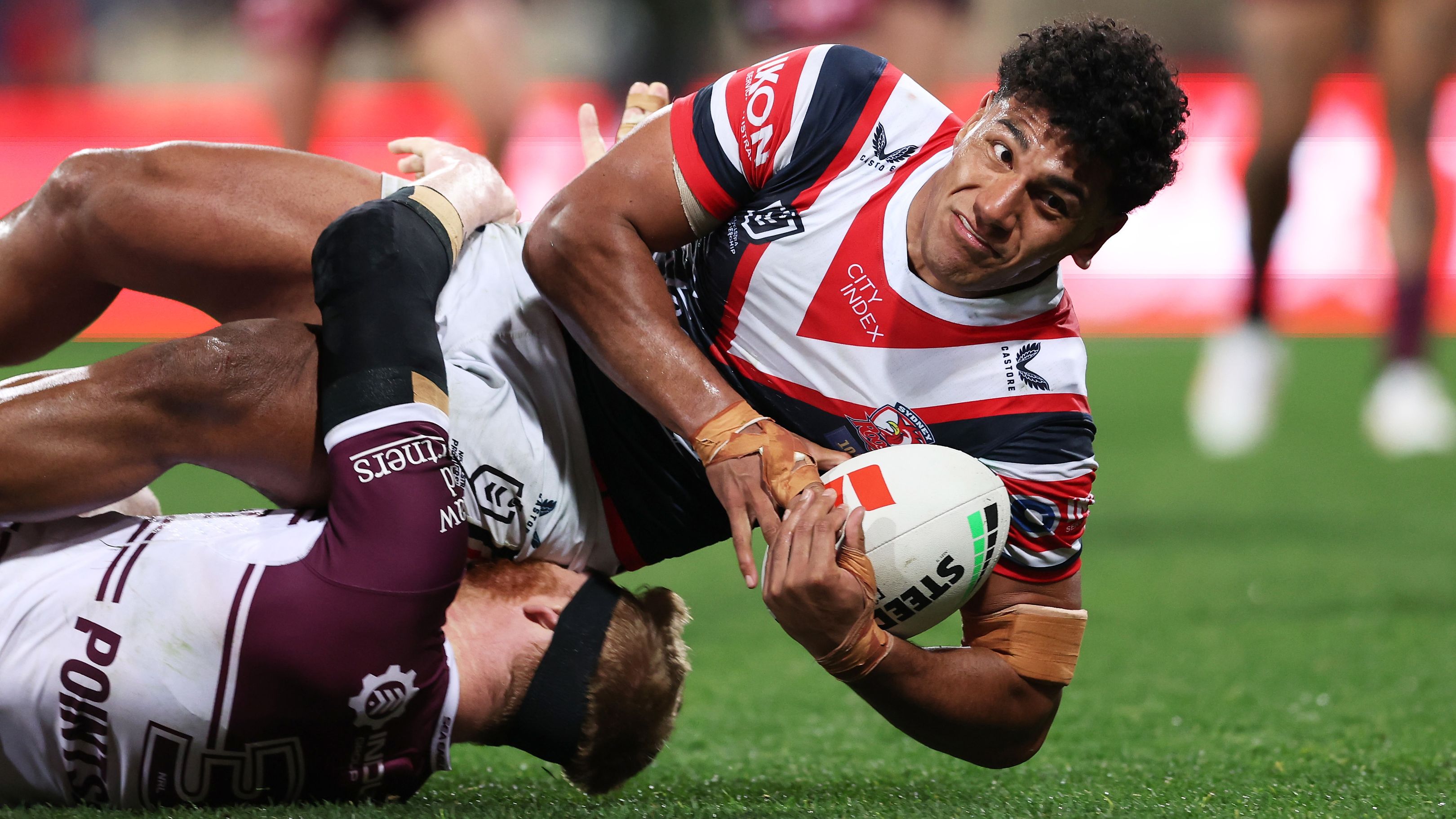 Siua Wong of the Roosters is tackled during the round 23 NRL match between the Sydney Roosters and Manly Sea Eagles at Sydney Cricket Ground on August 03, 2023 in Sydney, Australia. (Photo by Matt King/Getty Images)