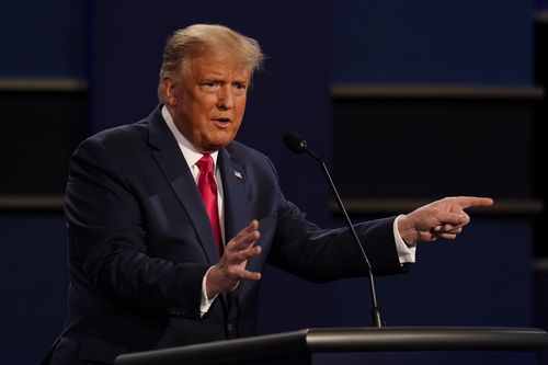 President Donald Trump gestures while speaking during the second and final presidential debate Thursday, October 22, 2020.