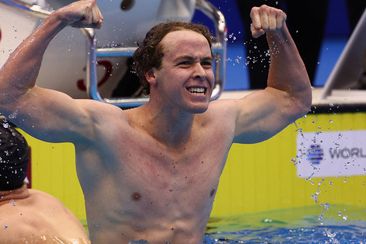 Australia&#x27;s Sam Short celebrates after winning gold at the 2023 world championships.