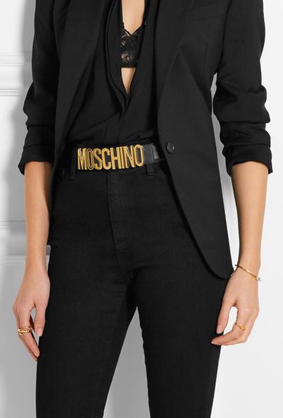 Moschino logo belt, approx. $274 at <a href="https://www.net-a-porter.com/au/en/product/700988/Moschino/embellished-leather-belt" target="_blank" draggable="false"><strong>Net-a-porter</strong></a><br>