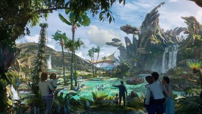 A rendering of a possible Avatar land shows guests in boats on an open lake.