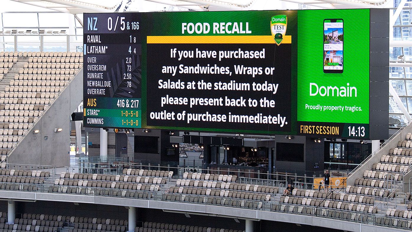 A stadium food recall is seen for spectators on day 4 of the first Test match between Australia and New Zealand at Optus Stadium