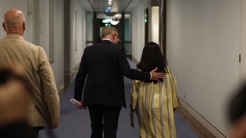 Prime Minister Anthony Albanese and Minister for Indigenous Australians Linda Burney share a moment after the referendum failed to pass.