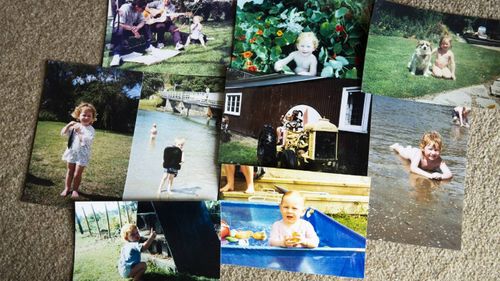 Childhood photos of Ms Bayly in the sun with no hat on. Sunburn was a common childhood event, she says.