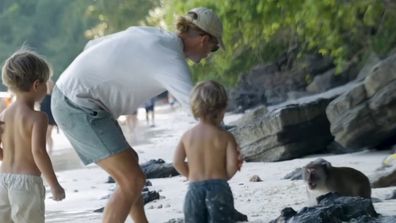 Aussie family terrifying run-in with monkeys on Thailand beach.