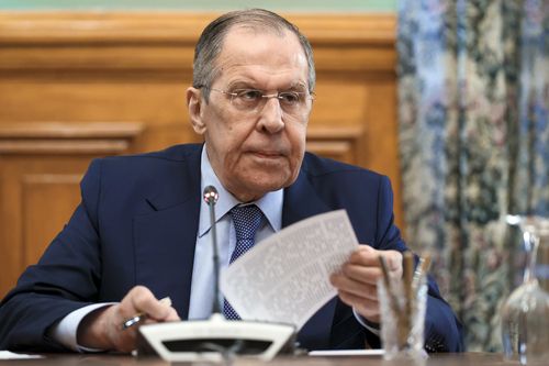 Russian Foreign Minister Sergey Lavrov speaks during a meeting with top envoys from the separatist regions in eastern Ukraine, Vladislav Deinego of the Luhansk People's Republic and Sergei Peresada, of the Donetsk People's Republic (DPR), in Moscow, Russia, Friday, Feb. 25, 2022