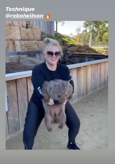 Rebel Wilson, trainer, Jono Castano, visit zoo, squats wombat