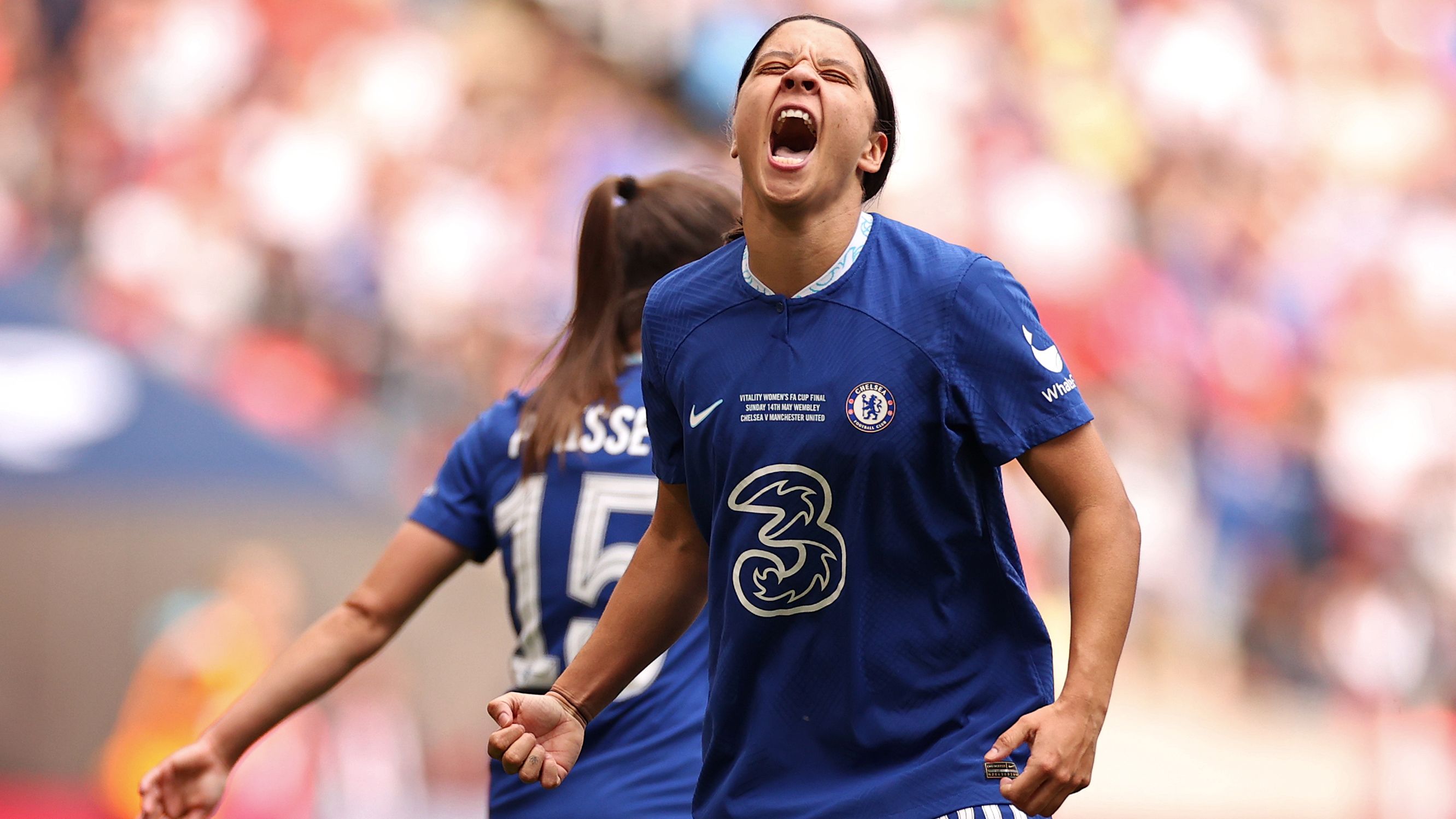 Sam Kerr of Chelsea celebrates after scoring the team&#x27;s only goal during the FA Cup final.