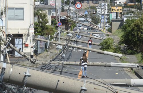 Utility poles collapse due to the typhoon Jebi in Sennan City, Osaka Prefecture on September 5, 2018