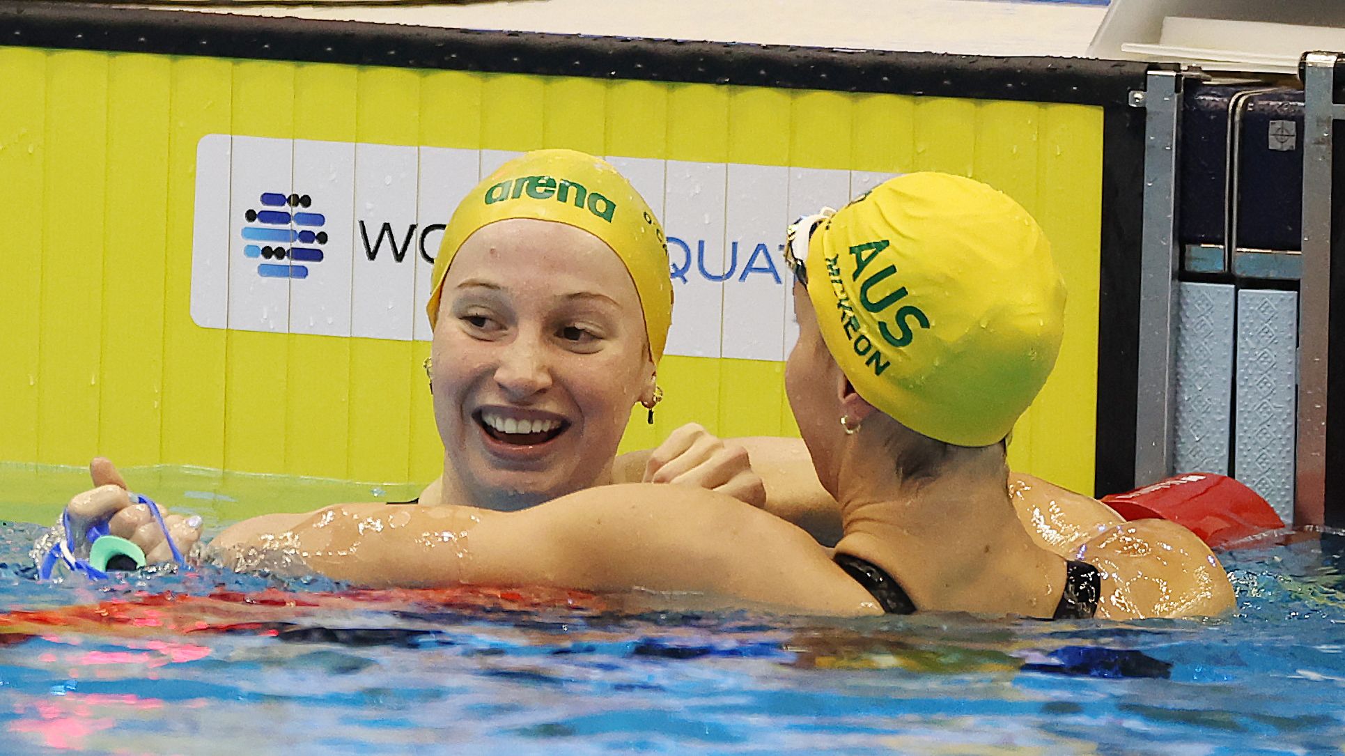 Mollie O&#x27;Callaghan celebrates after claiming gold in the women&#x27;s 100m freestyle final at the 2023 World Aquatics Championships.