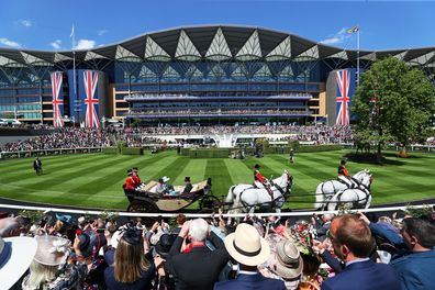 The Prince of Wales with The Duchess of Cornwall are seen in the royal procession as they enter the parade ring during Royal Ascot 2022 at Ascot Racecourse on June 14, 2022 in Ascot, England