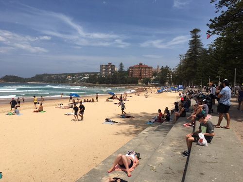 It was hard to find a vacant, shady spot at Manly Beach this afternoon. (Supplied)