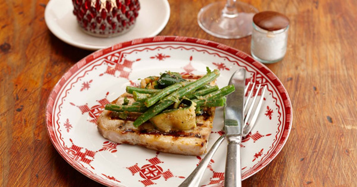 Chargrilled swordfish with zucchini-green bean salad and muhamara dressing - 9Kitchen