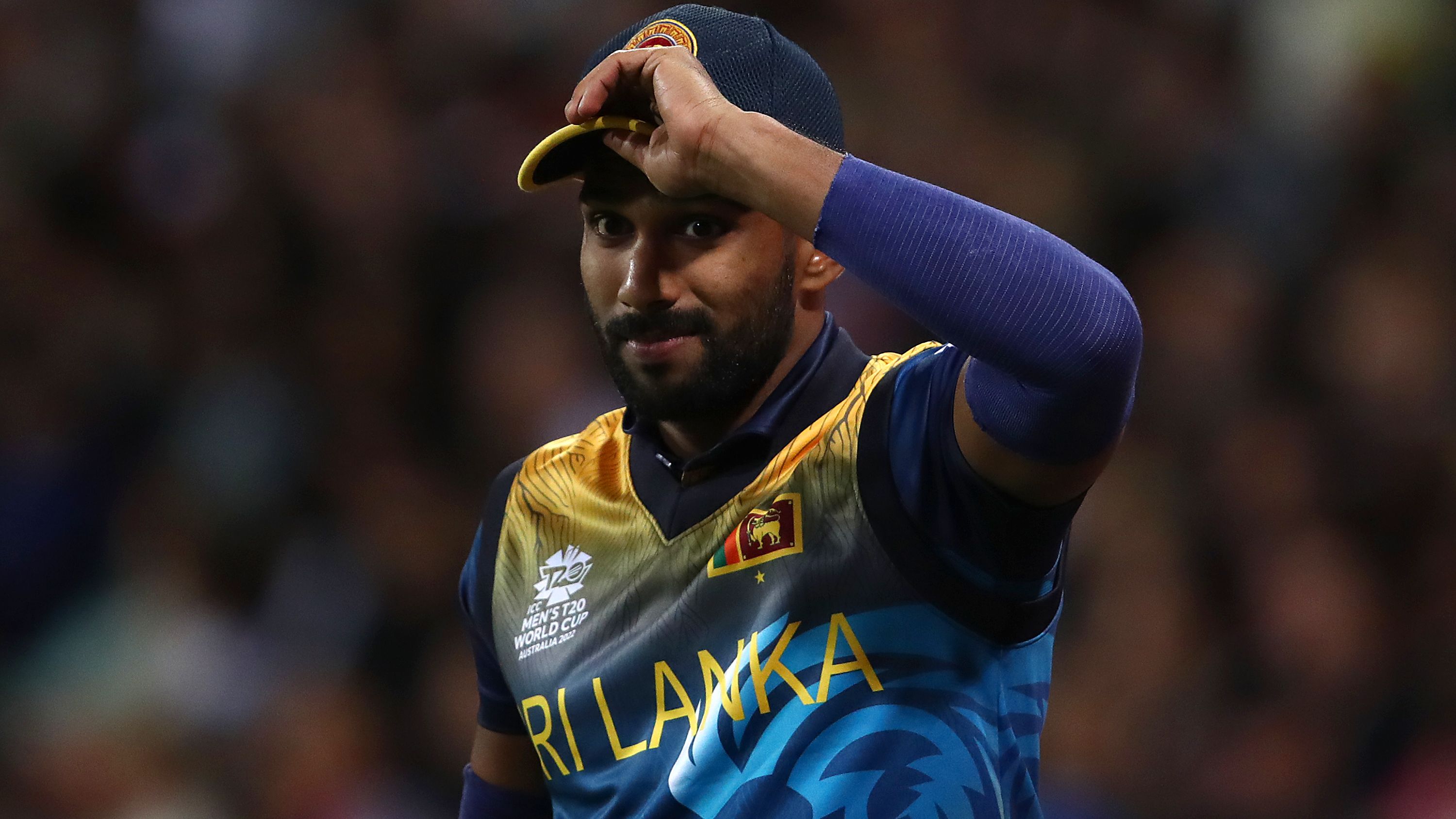 Chamika Karunaratne of Sri Lanka  during the ICC men&#x27;s T20 World Cup. (Photo by Jason McCawley-ICC/ICC via Getty Images)