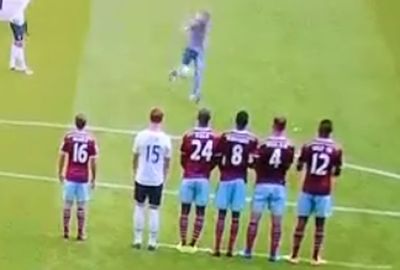 <b>An English football fan has been fined $556 for 'bending it like Beckham' when he ran onto the pitch and cheekily took a free kick during Tottenham's 1-0 EPL win at West Ham last month.</b><br/><br/>Jordan Dunn, 22, earned internet notoriety when he invaded the Upton Park turf just before Tottenham's Christian Eriksen was about to take a set-piece.<br/><br/>With Eriksen unaware of what was coming, Dunn ran up to the ball and curled in a shot which was easily saved by West Ham's Spanish goalkeeper Adrian.<br/><br/><br/>