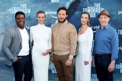 Sam Richardson, Yvonne Strahovski, Chris Pratt, Betty Gilpin, and J.K. Simmons attend the premiere of Amazon's "The Tomorrow War" at Banc of California Stadium on June 30, 2021 in Los Angeles, California. 