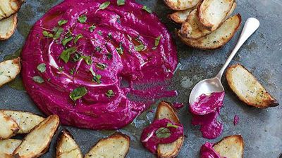 Salt and pepper potato skins with beetroot dip