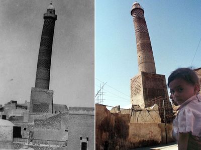 As the Iraqi forces push into the city, the true destruction
of Mosul has been unearthed by photographers showing how monuments have been
turned to dust.<br />
The symbol of Mosul was the Al-Habda minaret, a part of the
<a href="http://www.9news.com.au/world/2017/07/01/10/35/mosul-liberation-al-nuri-mosque">al-Nuri mosque</a>. For centuries it was the tallest minaret in Iraq. The 60m high
tower was loved for its precarious lean and was decorated with elaborate
interlaced brickwork. (American Colony Photo Department/AAP)
