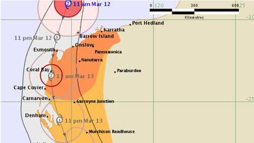 A tracking map from the Bureau of Meteorology shows the cyclone heading towards the north-west coast. (BOM)