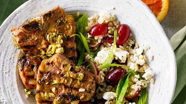Orange and thyme lamb loin chops with brown rice, grape and feta salad